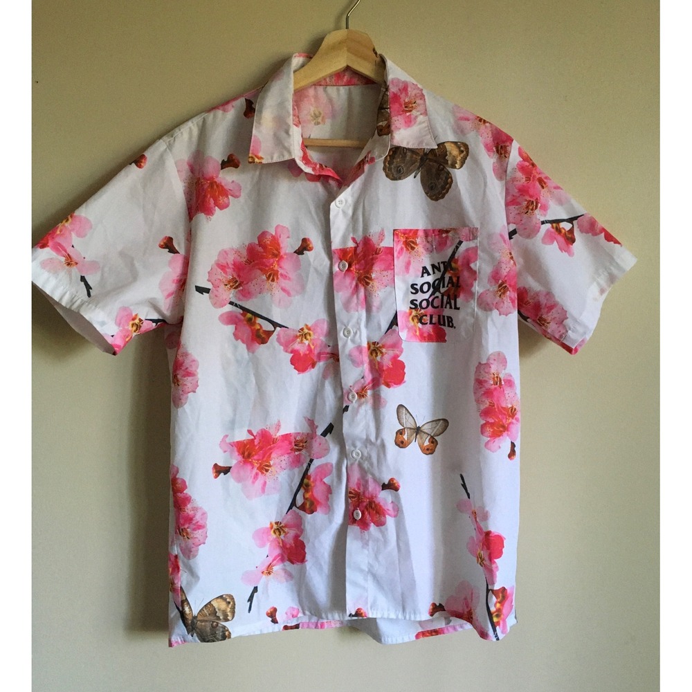 Anti Social Social Club Cherry Blossom Butterfly Button Down Shirt White Mens